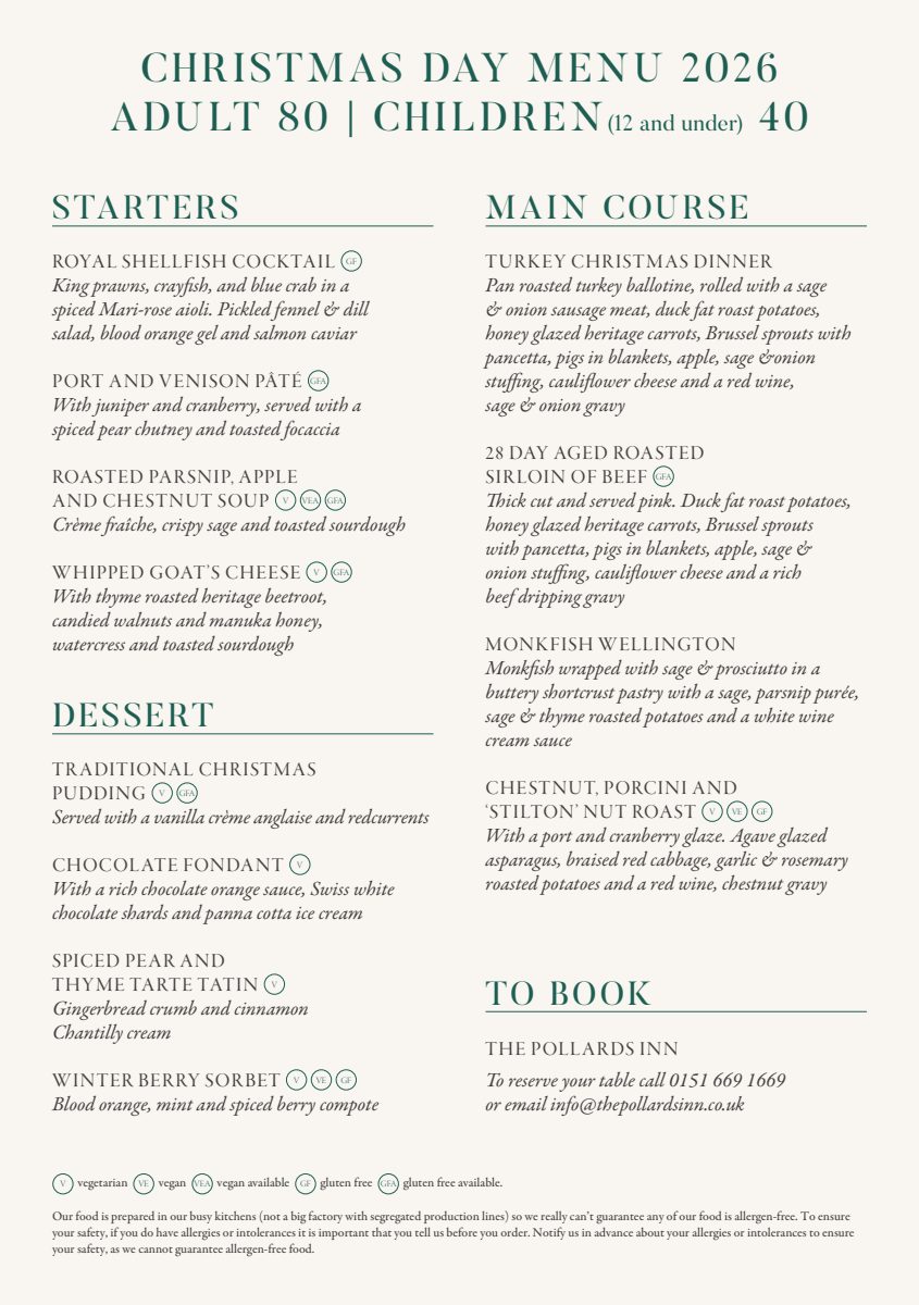 Pollards Inn Christmas Day menu