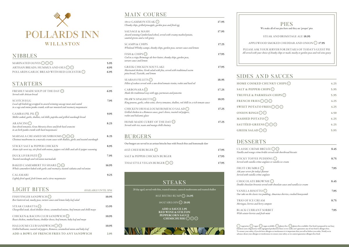 Pollards Inn main menu