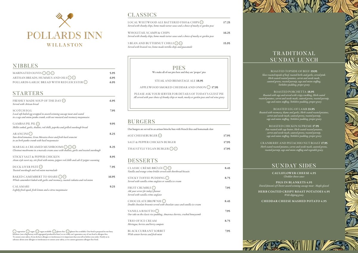Pollards Inn Sunday lunch menu